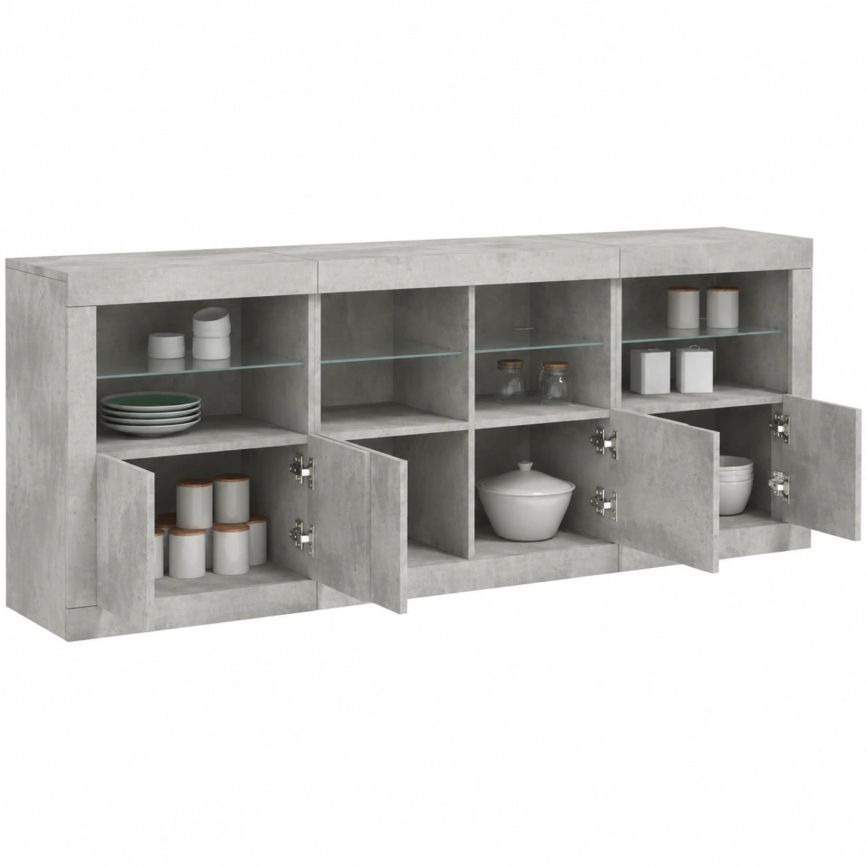 Buffet, avec rangement, avec portes, avec éclairage LED, coloris gris, 202 x 37 x 67 cm, pour la salle à manger ou le salon