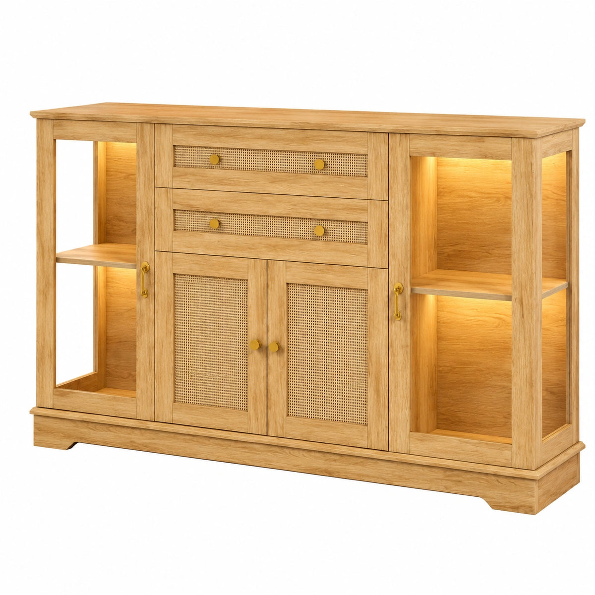 Commode, en chêne et métal, réglable, avec étagères, avec éclairage LED, coloris naturel, 40 x 140 x 86 cm, pour la chambre ou le salon